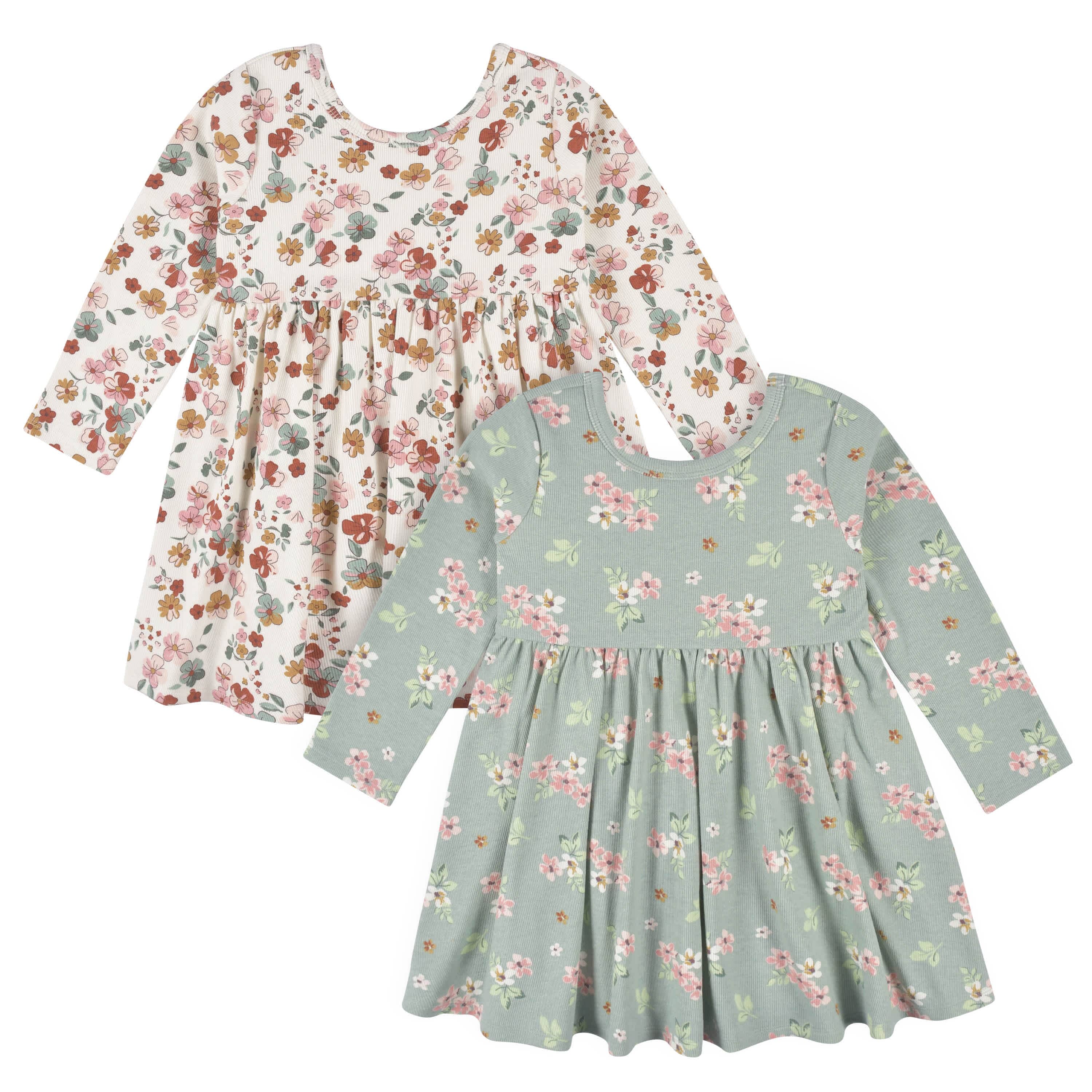 2-Pack Infant & Toddler Girls Mint Floral Long Sleeve Dresses