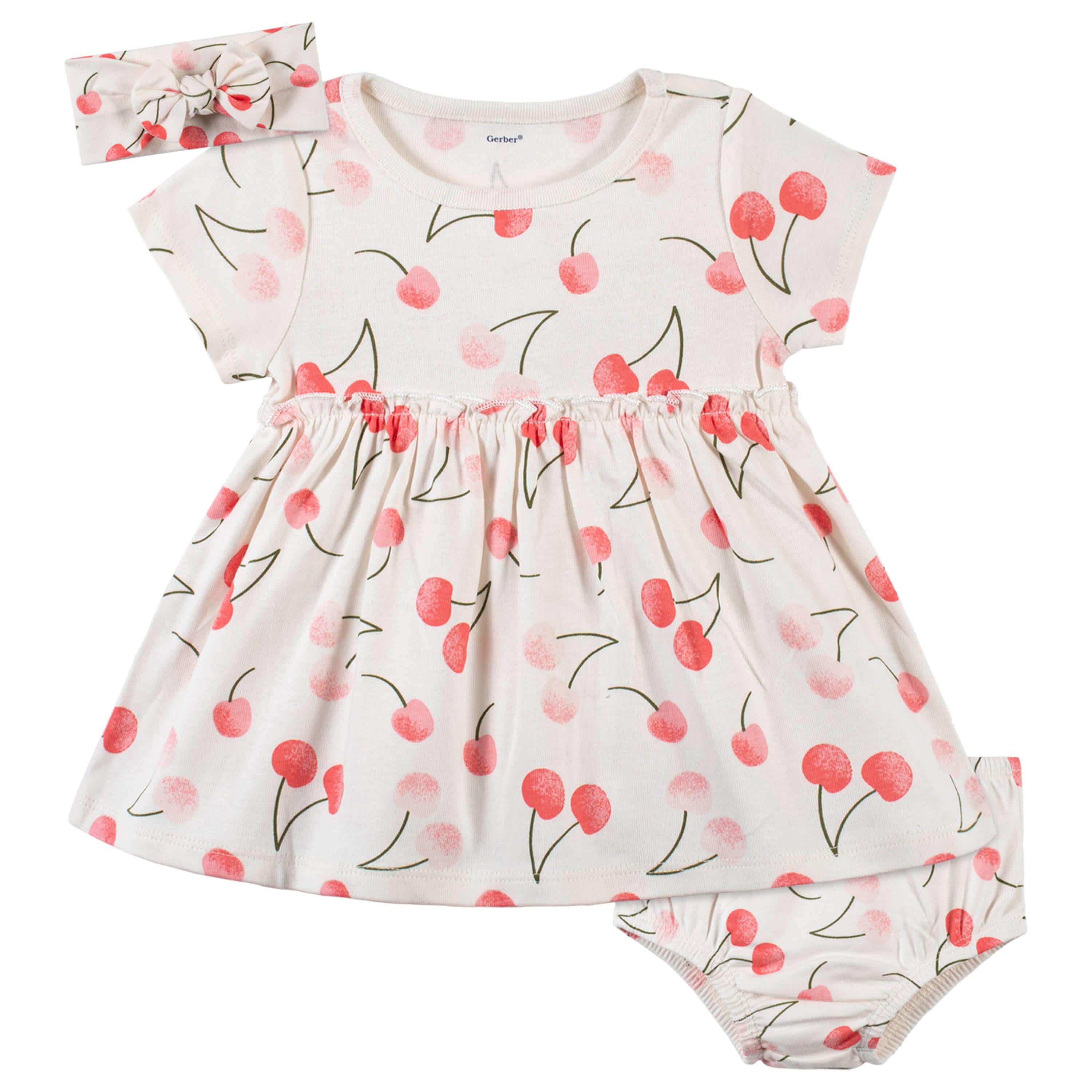 3-Piece Baby & Toddler Girls Cherry Kisses Dress, Diaper Cover & Headband Set