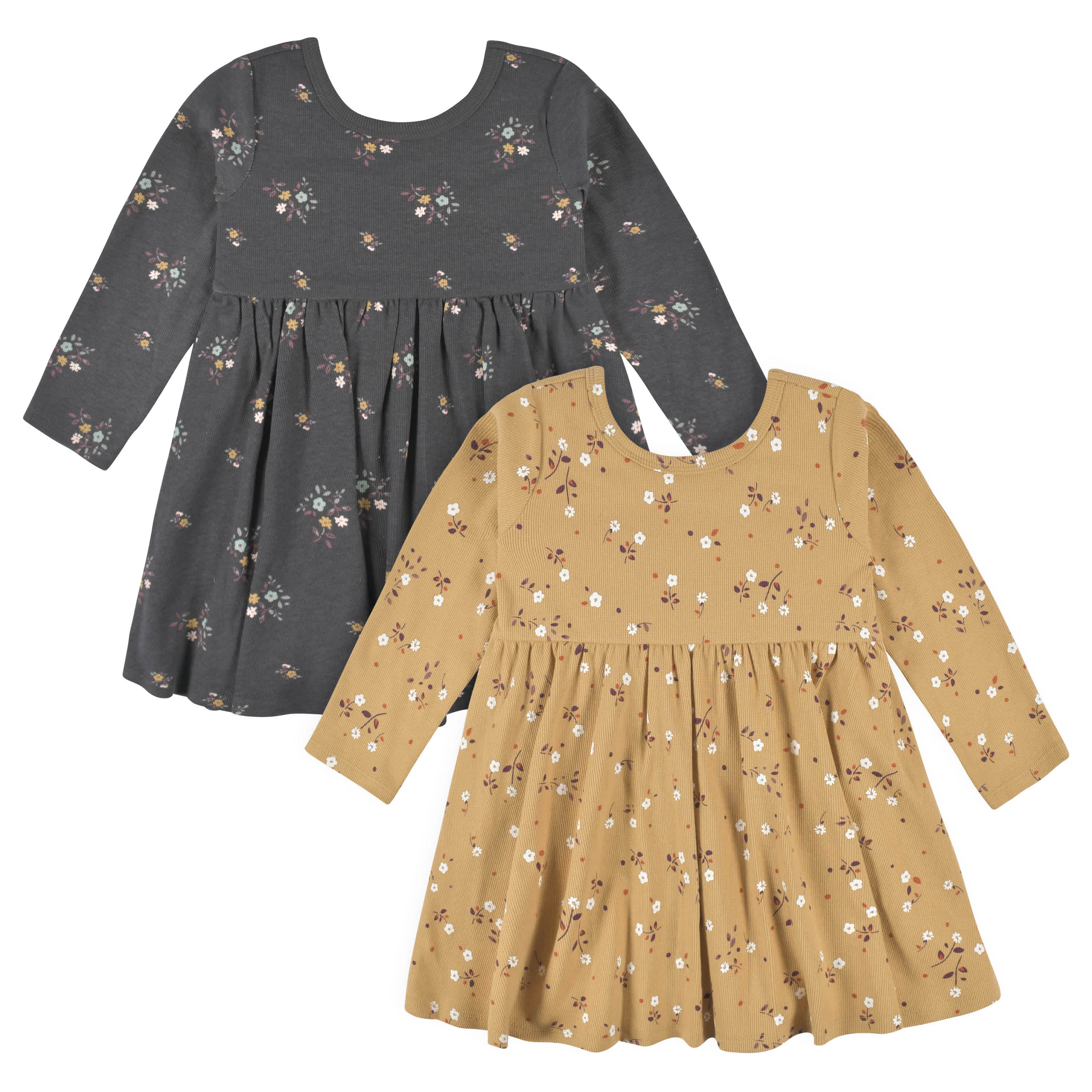 2-Pack Infant & Toddler Girls Mustard Floral Long Sleeve Dresses